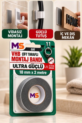 Vhb Çift Taraflı Ultra Güçlü Gri 18 Mm X 2 Metre Bandı Bantları Metal Araç Ayna Plastik Bantı Diğer