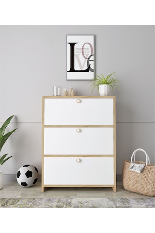 Floradesign Flora 3 Kpaklı Ayakabı Dolabı Ayakkabılık - Çok Amaçlı Dolap Meşe / Beyaz Meşe - Beyaz