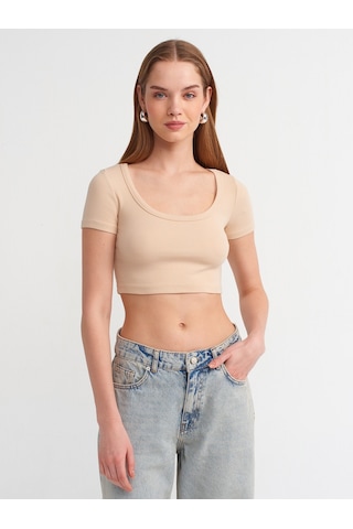 Dilvin Kısa Kollu Crop Top Bej Açık Bej