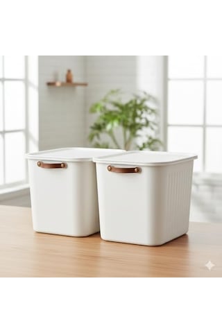 2 Adet Modern Kapaklı Büyük Boy Saklama Kutu Seti -20 Litre Beyaz- Taşınabilir Kulplu, Dolap İçi Düzenleyici Çok Renkli