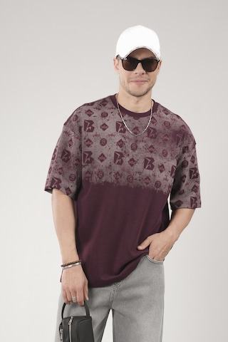 King-Brich Oversize Kalıp Logo Baskılı Bisiklet Yaka Basic Tişört Bordo