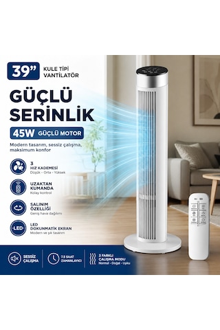 Amazon Başlık 39 İnç Kule Tipi Vantilatör, Uzaktan Kumandalı, 45w Güçlü Motor, 3 Hız Kademesi, 3 Modlu, Led Dokunmatik Ekran, Salınımlı, Sessiz Çalışma, 7.5 Saat Zamanlayıcı, Beyaz