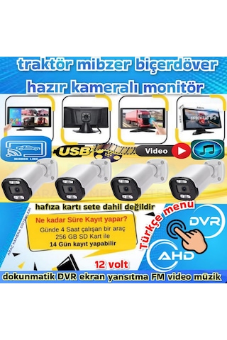 4 Adet Ahd 2mp Warm Ledli Kamera Dvr Dokunmatik 10.36 İnç Monitör 12 Volt 256 Gb