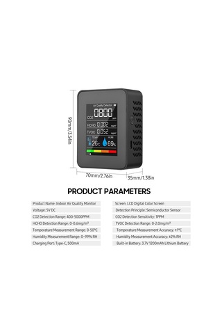 Springsun Hava Kalitesi Analizi Cihazı: Co2, Formaldehit Hcho , Tvoc, Sıcaklık Ve Nem Ölçer - Lcd Renkli Ekran, Yarıiletken Sensör, Dahili Batarya