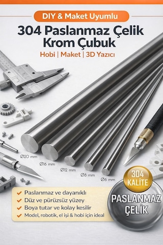 Krom Mil Ø12 Mm 1 Metre - 2 Adet - Paslanmaz Çelik Çubuk Seti