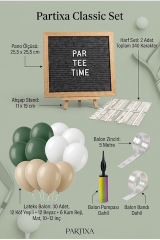 Golf Temalı 1 Yaş Doğum Günü Süsleme Classic Set Koyu Gri Keçe Yazı Panosu Standlı Balon Zincirli Par-tee Seti
