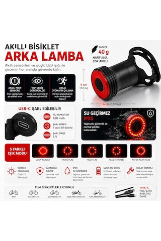 Akıllı Bisiklet Arka Stop Lambası Fren Sensörlü Type-c Şarjlı Ipx5 Su Geçirmez Led Kuyruk Lambası 5 Modlu Bisiklet Arka Işığı Siyah