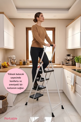 Portalife 4 Basamaklı Konfor Tutacaklı Çelik Şık Merdiven - Beyaz 200 Cm'ye Kadar