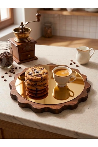 Famwoodart Büyük Boy Gold Papatya Ahşap Sunumluk ,supla ,nihale ,kahvelik ,pasta Ve Kek Standı,aynalı %100 Çam Altın - Kahverengi