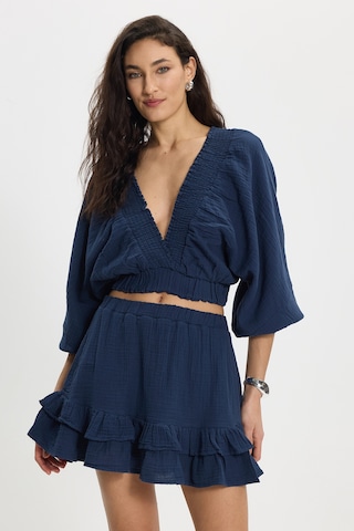 Tudors Kadın Oversize Geniş Kesim %100 Pamuk Kruvaze Yaka Crop Fırfırlı Lacivert Şort Etek Takım-50559