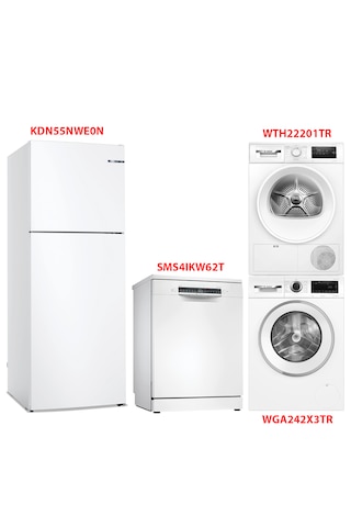 Bosch KDN55NWE0N - SMS4IKW62T - WGA242X3TR - WTH22201TR Beyaz Eşya 4'lü Set