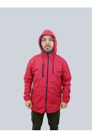 Erkek Kapüşonlu File Detaylı Kırmızı Yağmurluk Kırmızı