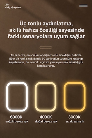 Led'li Makyaj Aynası - 3 Modlu Işıklı Ayna - Şarj Edilebilir Usb - Şarjlı Makyaj Düzenleyici Dokumatik Beyaz