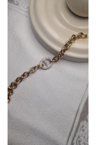 Uzel Çelik Gold Altın Renk Taşlı, Kalın Halka Detaylı Çelik Bileklik Gold