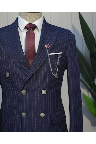 Bys Beystil Sivri Yaka Lacivert Çizgili Kruvaze Takım Elbise Togo - Slim Fit
