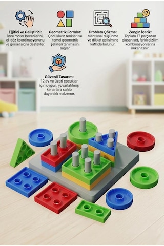 17 Parça 4 Farklı Renkli Eğlenceli Geometrik Şekilli Zeka Geliştirici Eğitici Bul-tak Oyun Seti