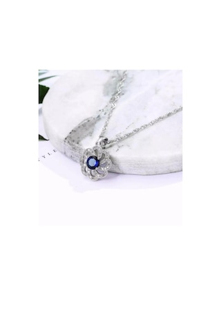 Brezza Lusso Jewelry Gümüş Lüks Mavi Safir Taşlı Çiçek Model Kadın Kolye Küpe Set