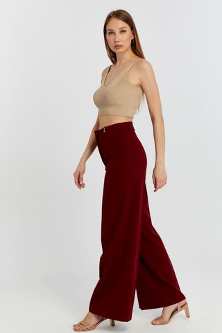 Bolivente Bordo Palazzo Geniş Paça Dokuma Kumaş Pantolon Bordo