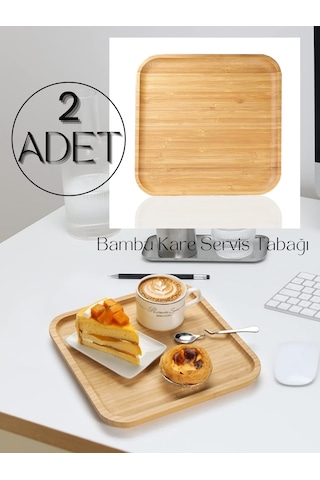 2 Adet Bambu Kare Servis Tabağı, Sunum Seti 20x20 Cm Kahverengi