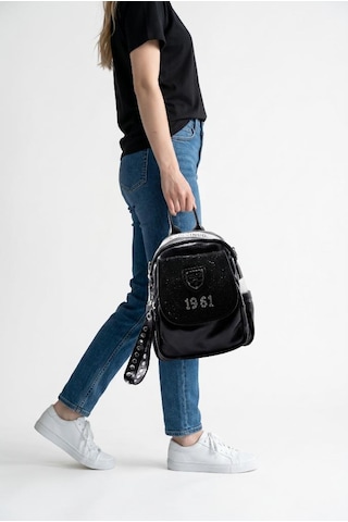 Baginn Kadın Sırt Çantası Taşlı Model Black-silver 25 19 Cm Günlük Mini Sırt Çantası Fonksiyonel Kullanım Siyah