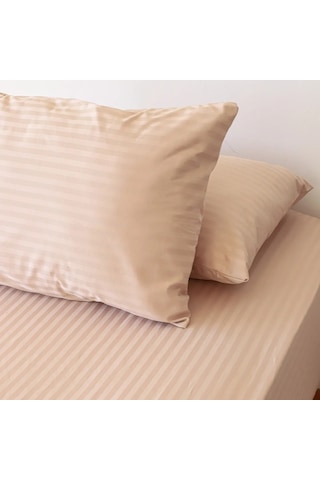 Çizgili Saten Yatak Çarşafı Lastikli 160x200 Yastık Kılıfı 50x70 Krem