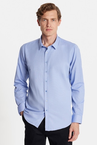 Tudors Modern Slim Fit Uzun Kollu Pamuklu Kolay Ütü Armürlü Mavi Erkek Gömlek-32640 Mavi