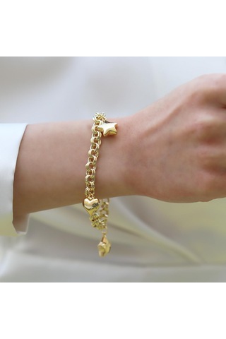 Kalp Yıldızlı Hallow Gold Gümüş Bileklik Gümüş