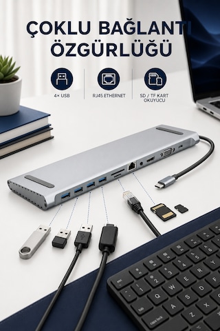 11in1 Çoklayıcı Type-c 3.1 To 4k Hdmi Vga Usb-c Ethernet Usb Çoklayıcı Sd Kart Okuyucu Çevirici Hub