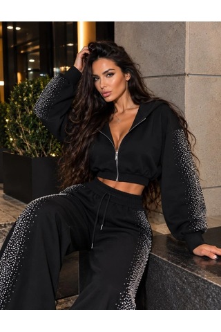 Zennamoda Kadın Taş Baskı Detaylı Fermuarlı Crop Sweatshirt Ve Geniş Paça Eşofman Takımı Siyah
