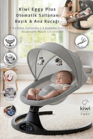 Kiwi Eggy Plus Elektrikli Otomatik Sallanan Bebek Ana Kucağı, 5 Farklı Sallanma Hızı, Oyuncaklı, Açık Gri