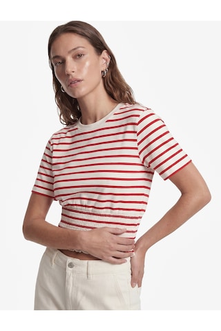 Koton Koton X Sibil Çetinkaya - Slim Fit Gipeli Bisiklet Yaka Kısa Kollu Çizgili Denizci Tişörtü Kırmızı Çizgili 6sak50034uk
