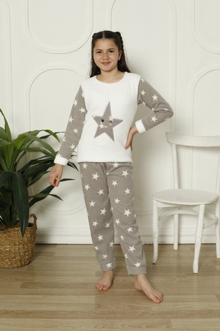 Fames Pijama Kişlik Polar Yildizli Çocuk Pijama Takim Beyaz