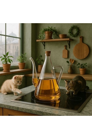 Morponi Borosilikat Cam Akasya Kapaklı Glazzy Yağlık 750 Ml+750 Ml 2 Adet Standsız Şeffaf