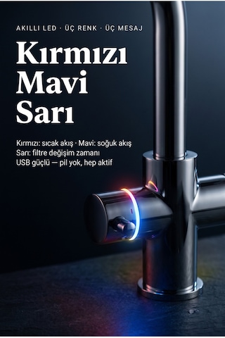 Likuan Akıllı 3 Yollu Tri-flow Mutfak Bataryası Sıcak/soğuk Filtreli + Şebeke Led Renk Göstergeli L-tipi Krom Gümüş