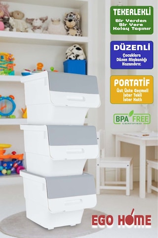 3lü Tekerlekli Oyuncak Düzenleme Dolabı Kapaklı Saklama Kutusu Oyuncak Sepeti Çok Amaçlı Mote 36 Lt Gri