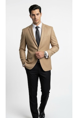 Plus Scorpion Erkek Blazer Ceket Twill Dokuma Likralı Notch Yaka 1 Düğmeli Çift Yırtmaçlı Slim Fit Camel