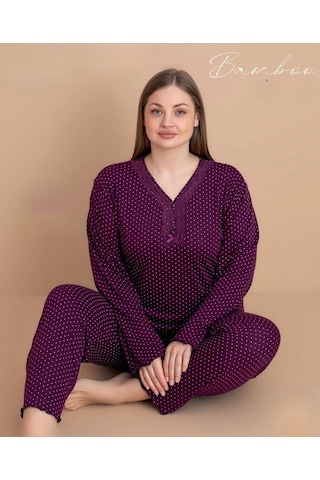 Pijamerry Kadın Büyük Beden Dantel Yaka Bambu Uzun Kol İnce Pijama Takımı 5541 - 1 Adet Mürdüm