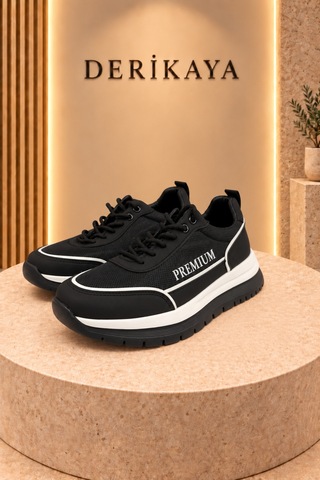 Deri Kaya Erkek Premium Kalın Taban Bağcıklı Günlük Sneaker Spor Ayakkabı Siyah