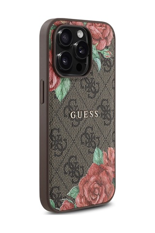 Apple Uyumlu iPhone 14 Pro Kılıf Guess Lisanslı Magsafe Şarj Özellikli Gül Baskılı Yazı Logolu Kapak Kahverengi