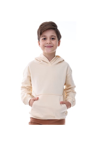 Zuzunga Basic Kapüşonlu Şardonlu Kanguru Cep Detaylı Çocuk Sweatshirt 3-10 Yaş Ekru