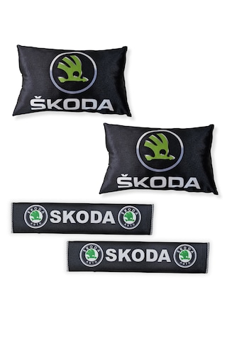 Skoda Araçlar İçin Seyahat Boyun Yastığı & Emniyet Kemer Kılıfı - Dijital Baskılı İkili Konfor Seti Siyah