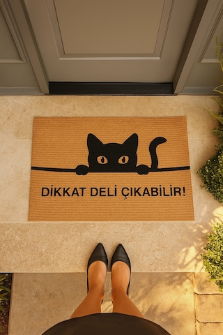 Kedili Paspas Kapı Önü Paspası Kitty Kapı Önü Kaymaz Paspas Dikkat Deli Çıkabilir Paspas Açıkkahverengi - Bej