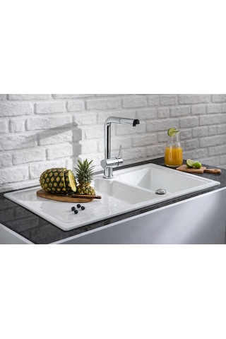Nuevo Sonas 6 S Seramik Eviye 60 Cm 1,5 Gözlü Parlak Beyaz Çift Yönlü 304162 krom