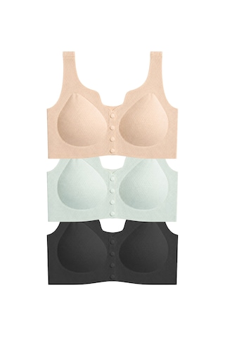 Cottonill Seamless Bra - Virela Lazer Kesim Önden Düğmeli Büyük Beden Kadın Sütyen 3'lü Paket Çok Renkli