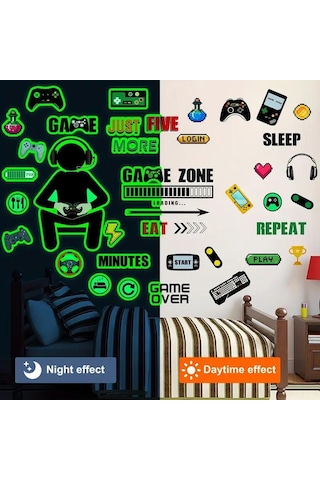Geekyou Oyun Odası Dekorasyonu Işıklı Oyun Sticker'ları - Kontrolcü, Konsol, Motivasyonel Sözler İle Oyuncu Odası Ve Yatak Odası Duvar Dekoru 30x20 Cm Beyaz
