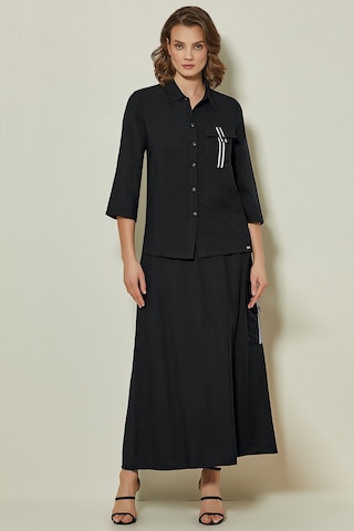 Bağcık Detaylı Siyah Dokuma Etek Siyah