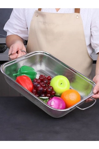 Gümüş Paslanmaz Çelik Makarna Sebze Meyve Süzgeç 32x40 Cm Inox