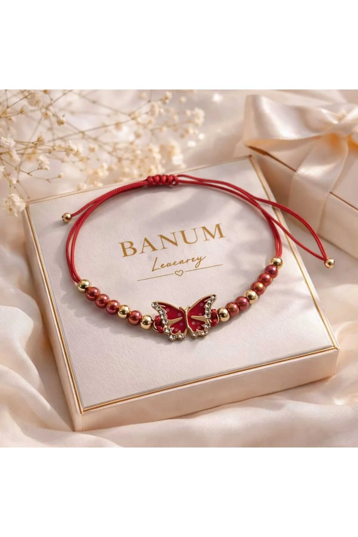Banum Luxury Zarif Kelebek Detaylı Ayarlanabilir İpli Şık Tasarım Bileklik Kırmızı