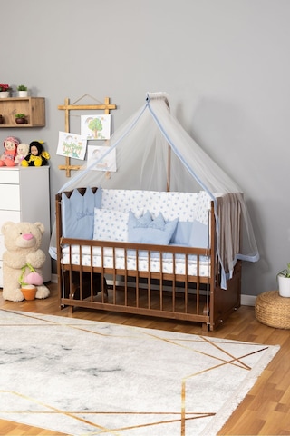 Ahşap Beşik Anne Yanı Beşik Ceviz 60x120 Mavi Prens Erkek Uyku Seti Yatak Ceviz