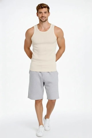 Etiler Collection Erkek Fitilli Atlet Sıfır Yaka Slim Fit Arka Baskılı Spor Atlet - Krem